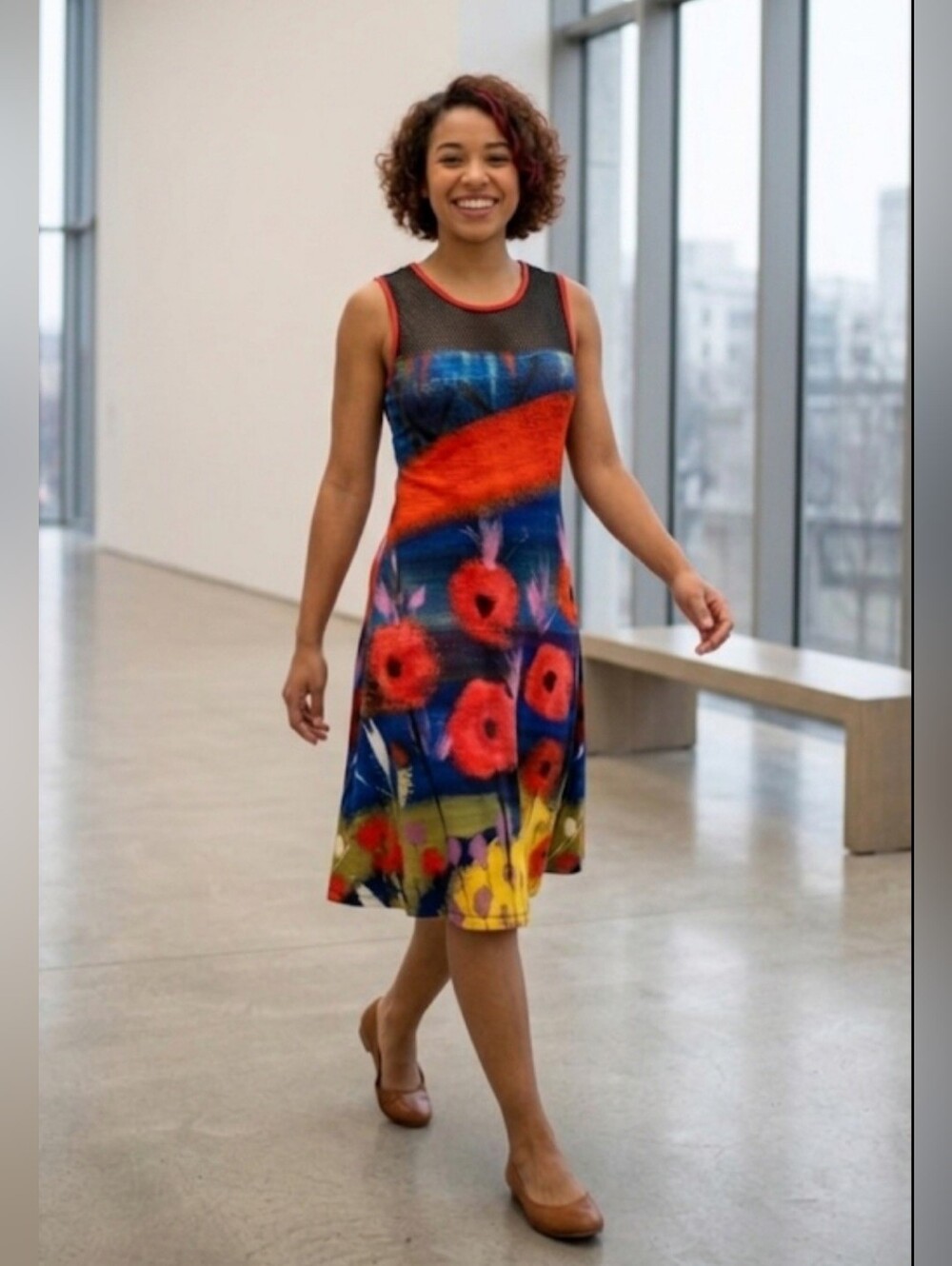 Dolcezza Simply Art Floral Sleeveless Dress / Sz S / Red, Dark Blue, Yellow